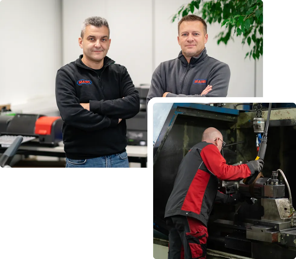 Zwei MAWI-Mitarbeiter im Büro und ein Mitarbeiter an der Drehmaschine